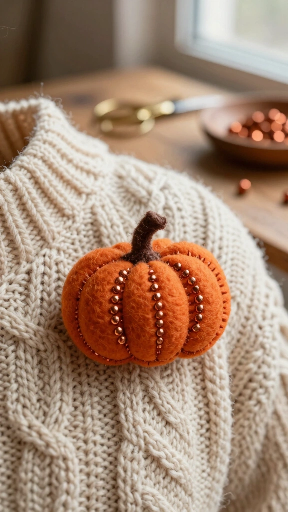 Felt Pumpkin Brooch with Seed Beads