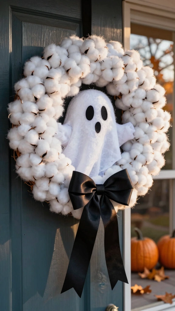 Cotton Ball Ghost Wreath for the Front Door
