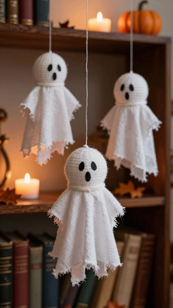 Floating Yarn-Wrapped Cotton Ball Ghosts