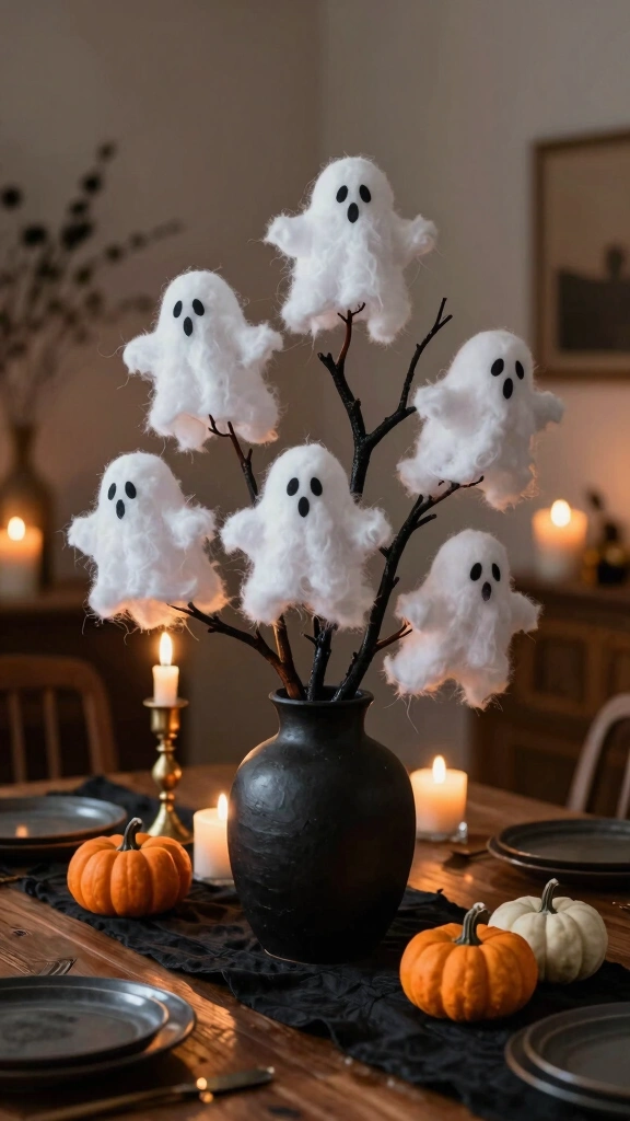 3D Cotton Ball Ghost Tree Centerpiece