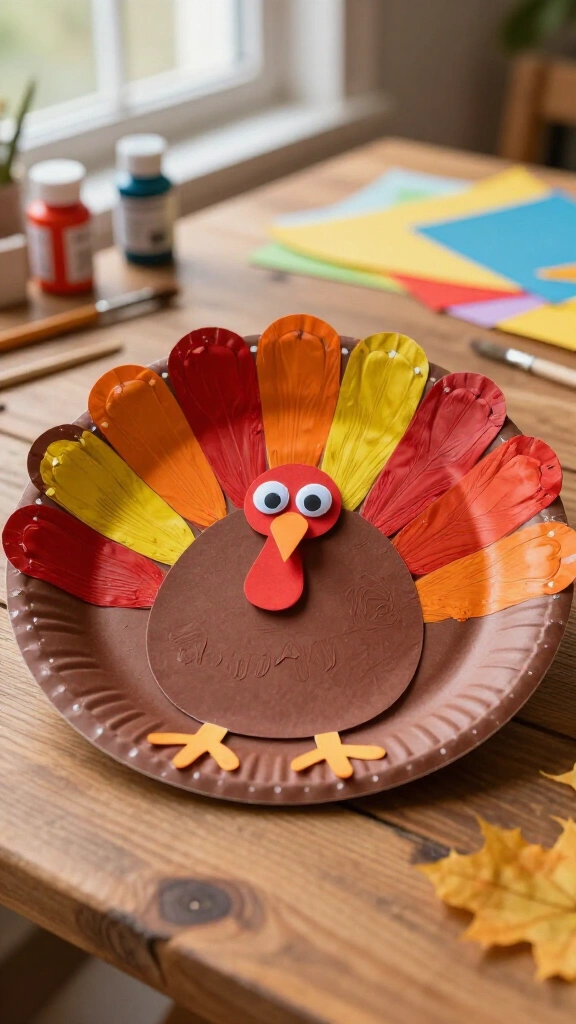 Paper plate and paint handprint turkey