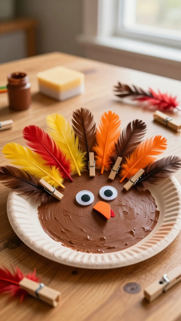 Paper plate turkey with feather clothespins