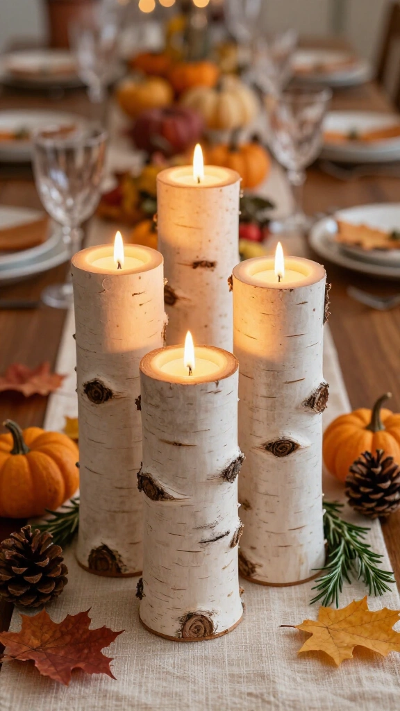 Rustic birch log candle holders