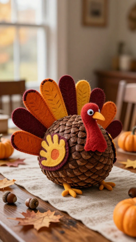 Pinecone and felt handprint turkey centerpiece