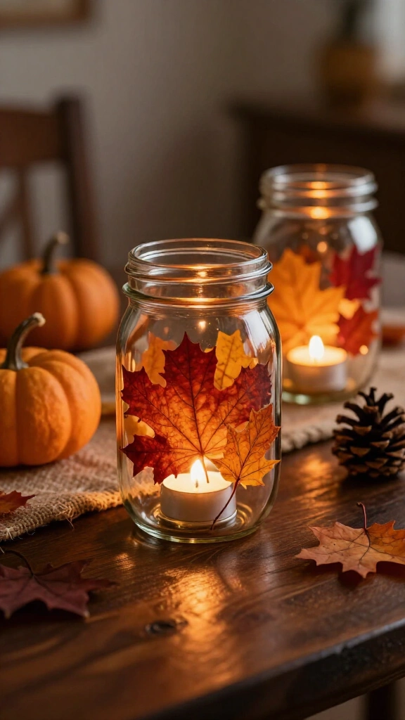 Mason jar fall leaf lanterns