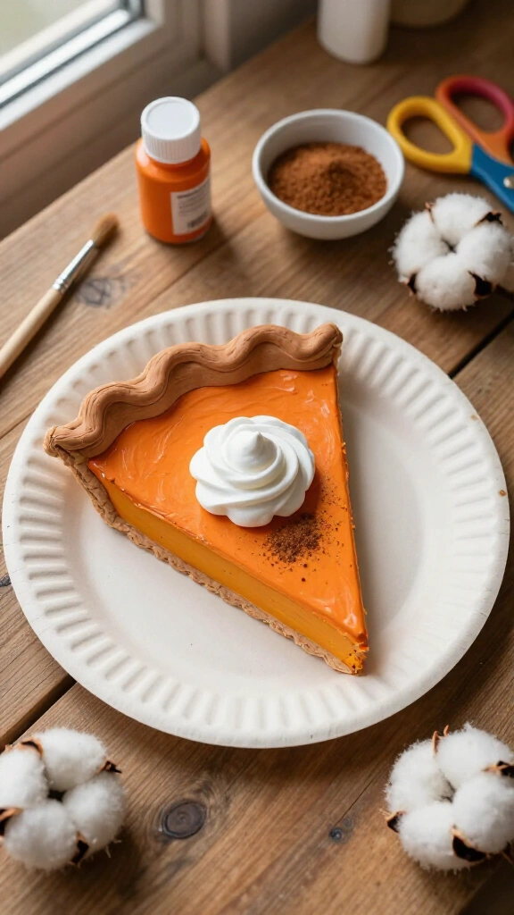 Paper plate slice of pumpkin pie