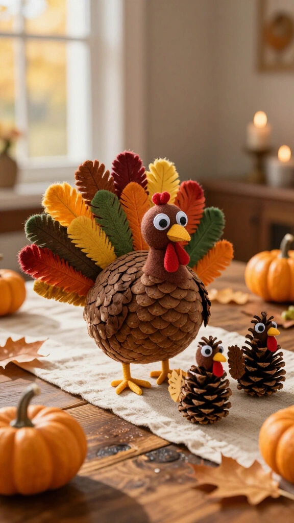 Pinecone turkey with felt feathers