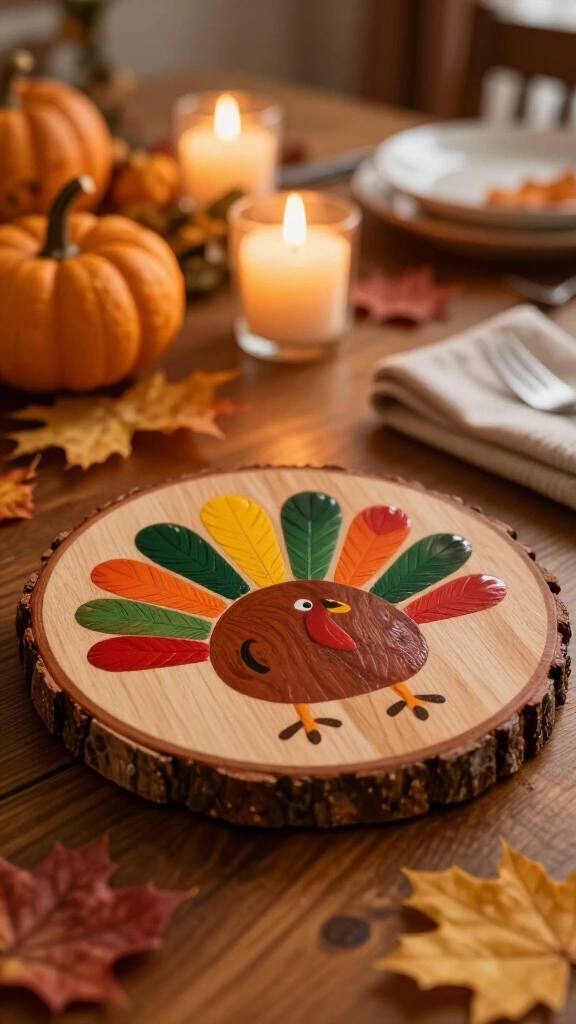 Wooden slice handprint turkey coaster