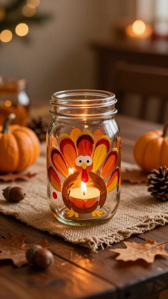 Mason jar handprint turkey candle holder