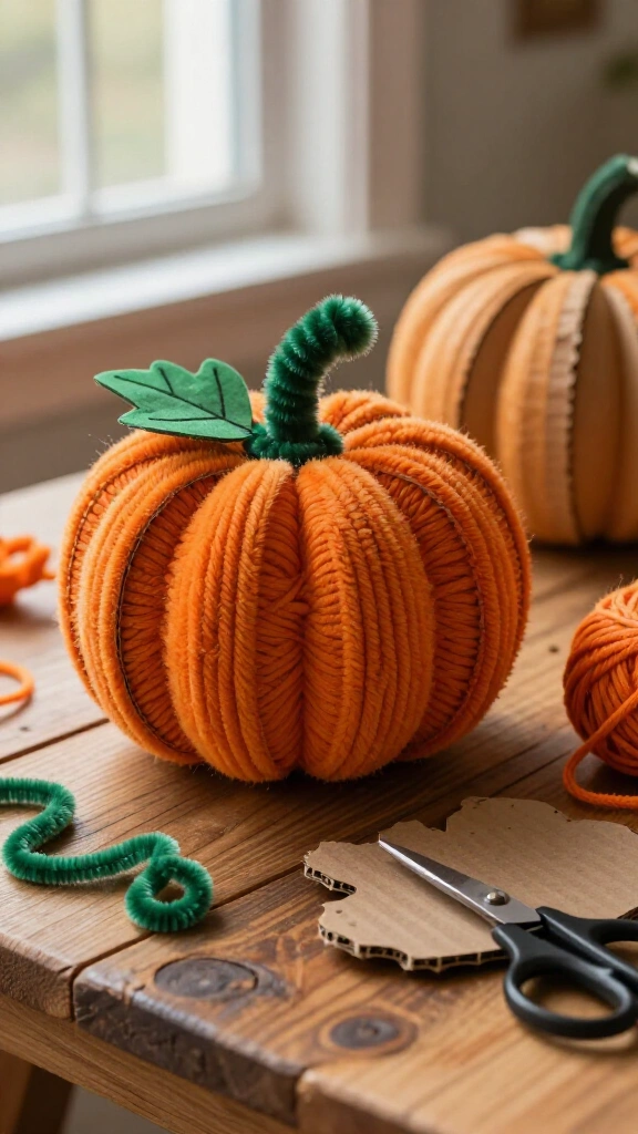 Yarn-wrapped cardboard pumpkins