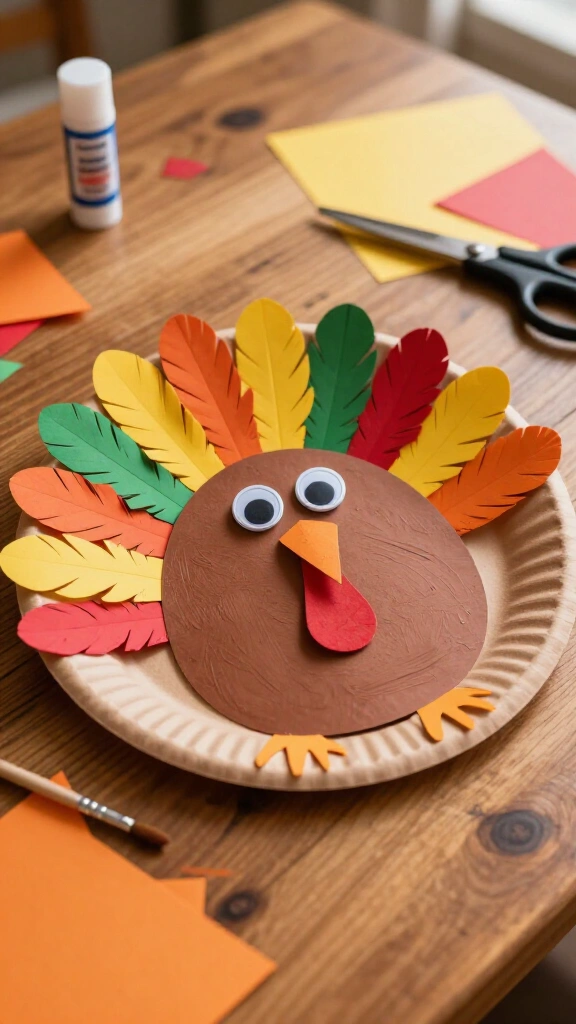 Paper plate turkey with colorful feathers