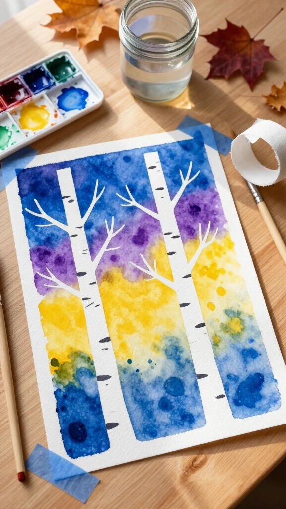 Birch tree masking tape resist painting