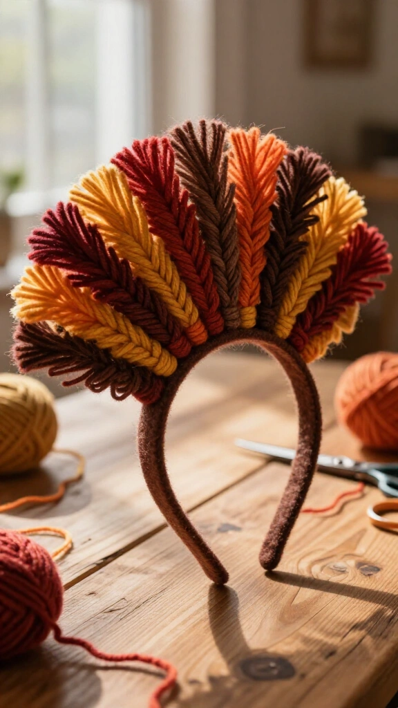 Yarn tassel feather crown