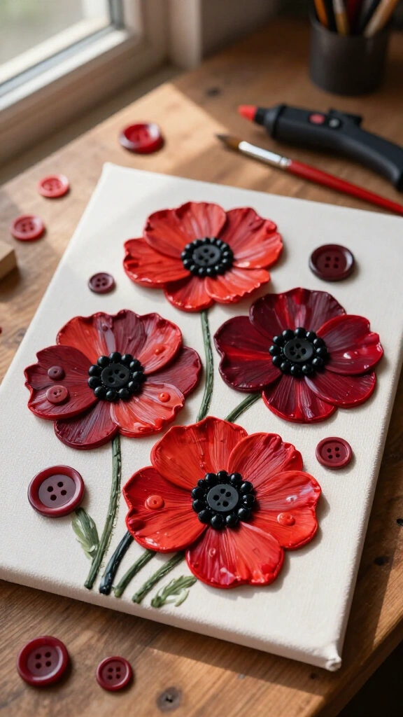 Textured button poppy canvas wall art