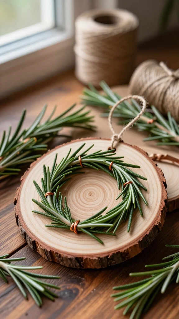Scented rosemary and wood slice ornaments