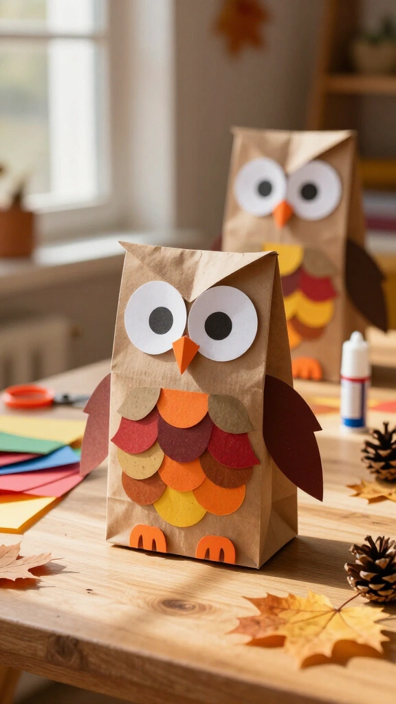 Paper bag autumn owl puppets