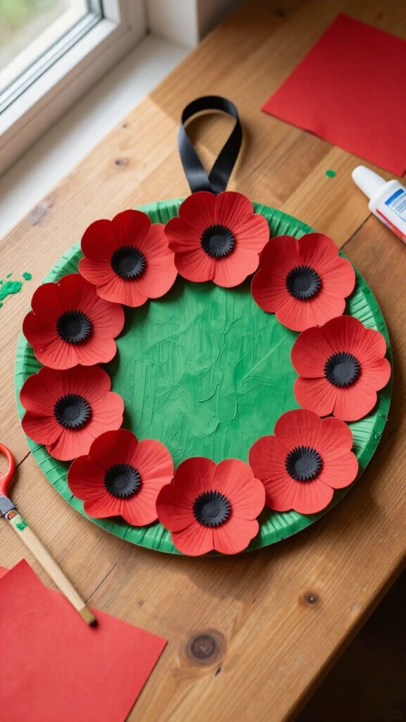 Paper plate poppy wreath