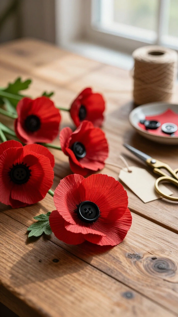 Red paper remembrance poppies