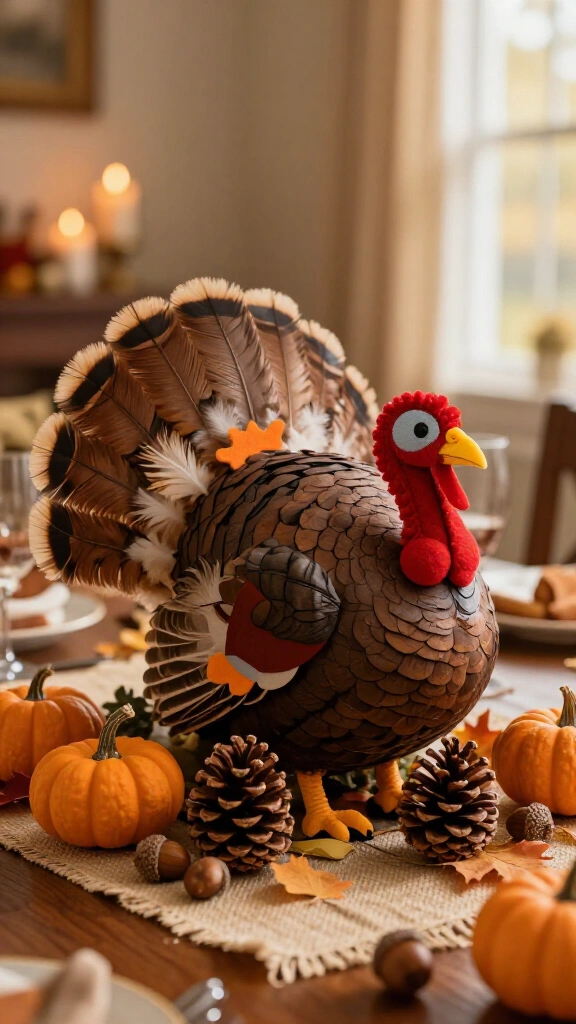 Rustic pinecone and feather turkey centerpiece