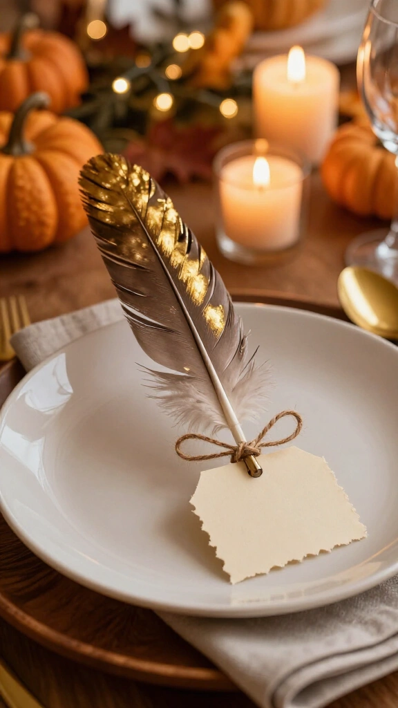Metallic painted feather place cards