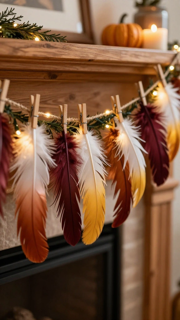 Dip-dyed feather garland for the mantel