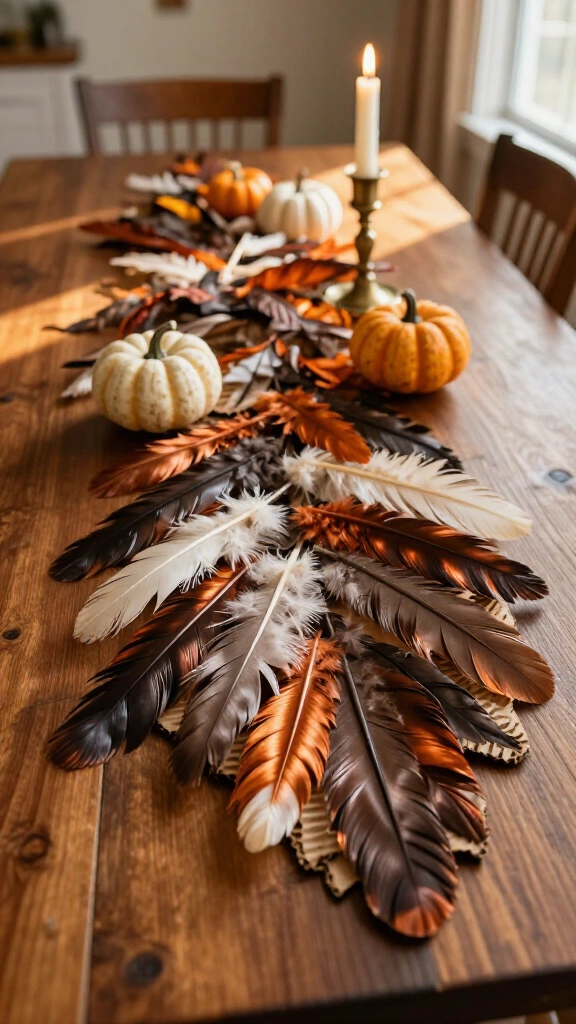 Upcycled cardboard and feather table runner