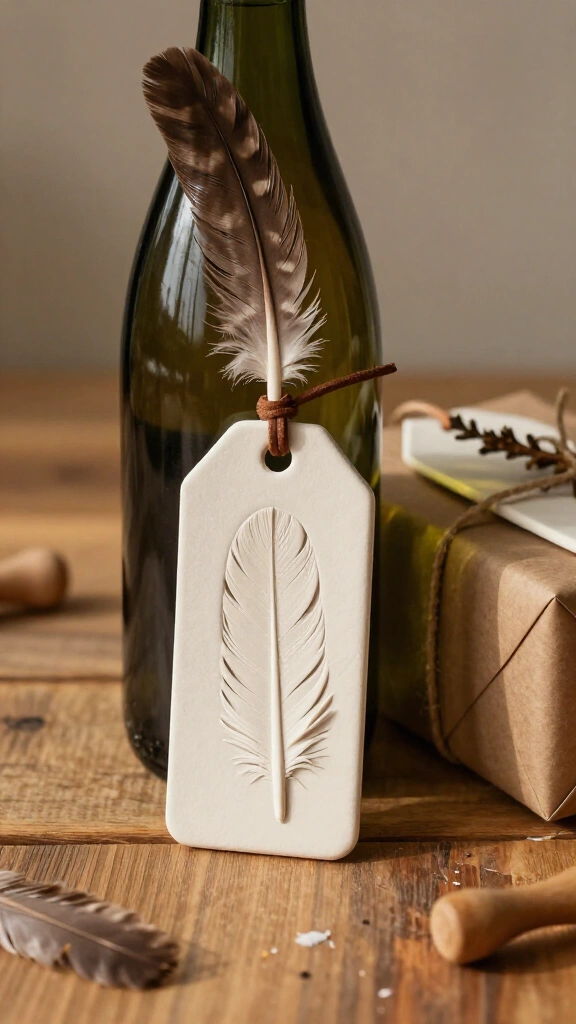 Feather and clay gift tags
