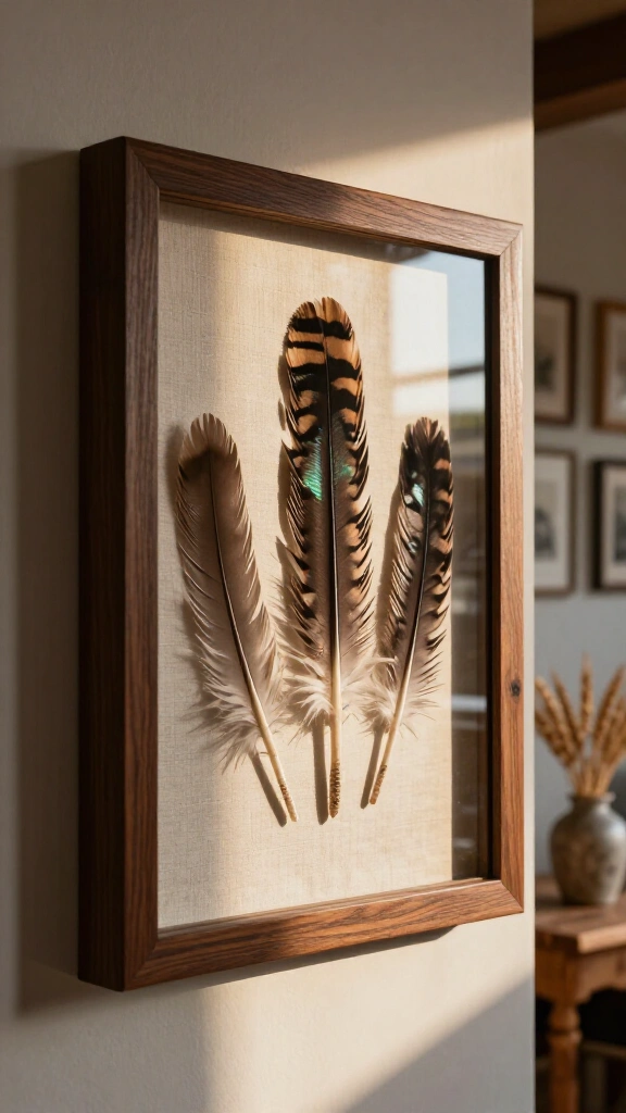 Framed turkey feather wall art