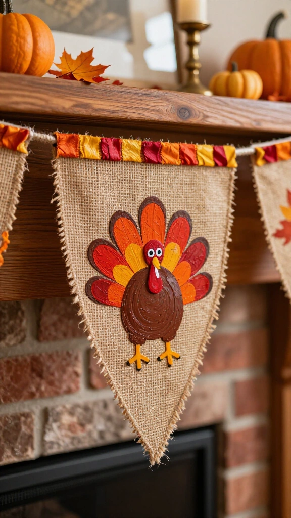 Burlap banner turkey footprint art