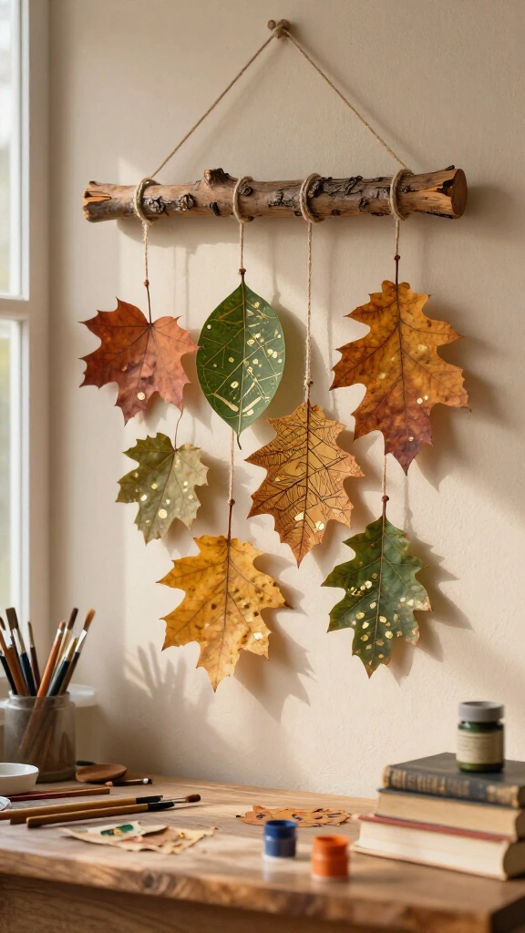Painted leaf and stick wall hanging