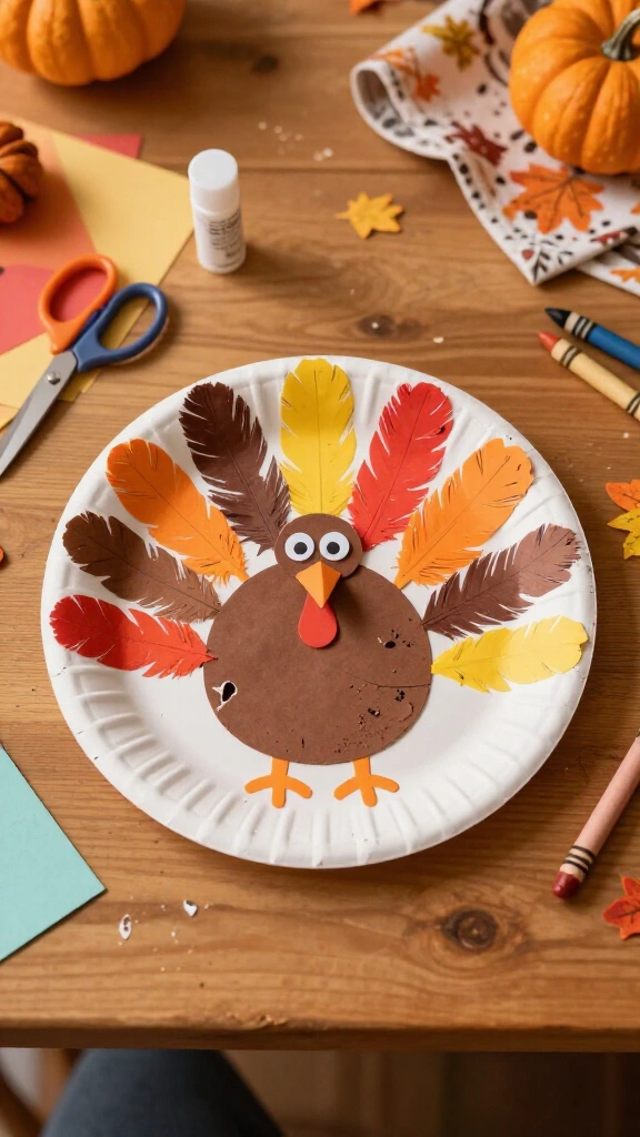 Handprint feather paper plate turkey