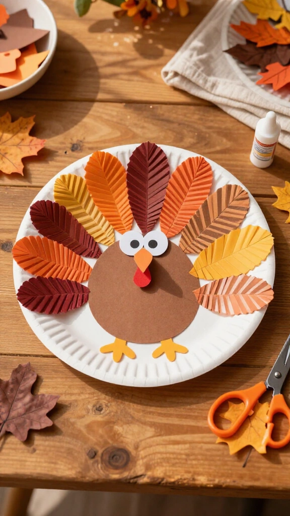 Paper plate turkey with cupcake liner feathers