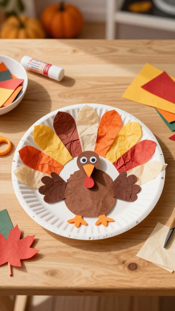 Paper plate turkey with tissue paper feathers