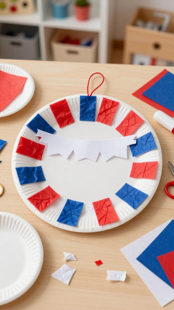 Red, white, and blue paper plate wreath