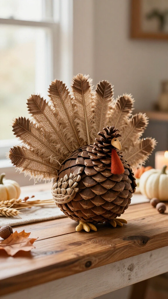 Rustic pinecone turkey with burlap tail feathers