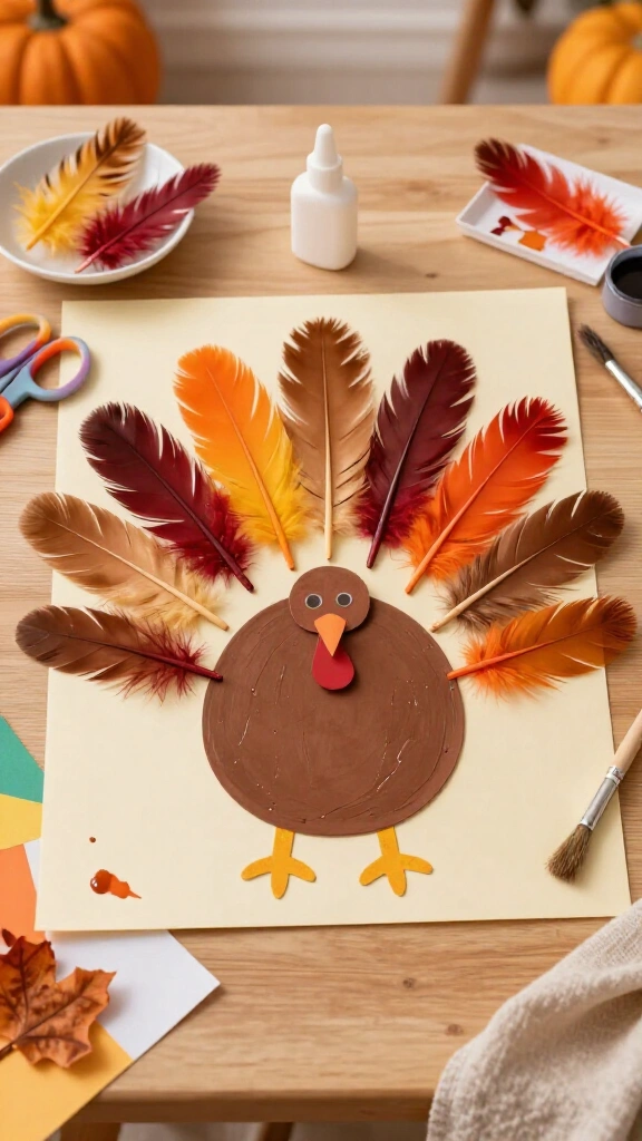 Hand print turkey with real feathers