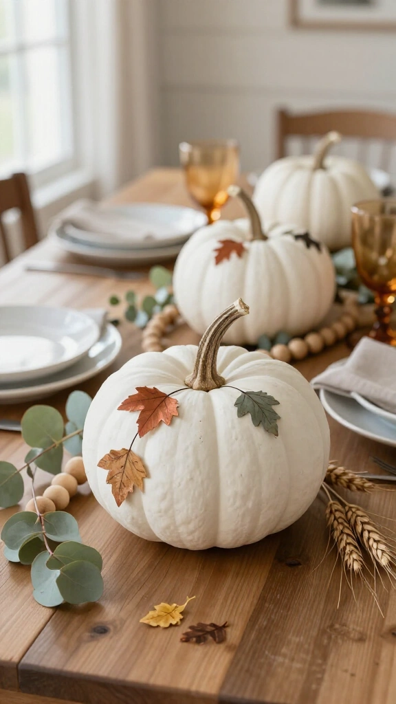 Farmhouse white pumpkins with tiny leaves