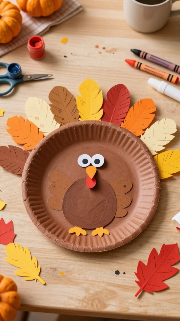 Thankful feather paper plate turkey