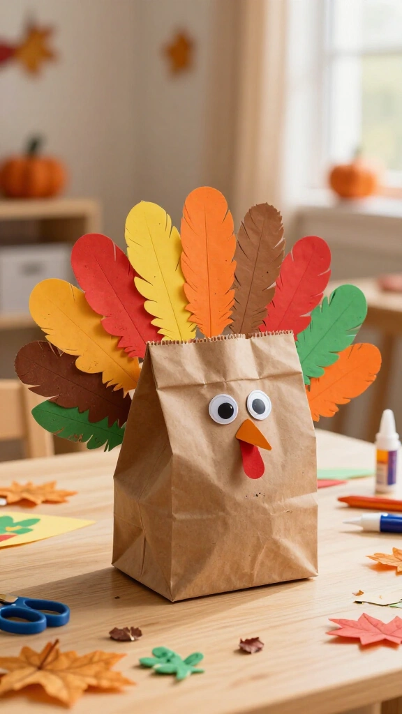Paper bag turkey with handprint tail