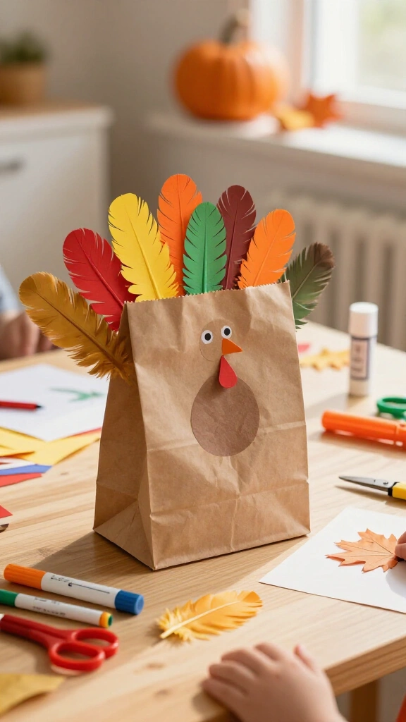 Handprint feather paper bag turkey