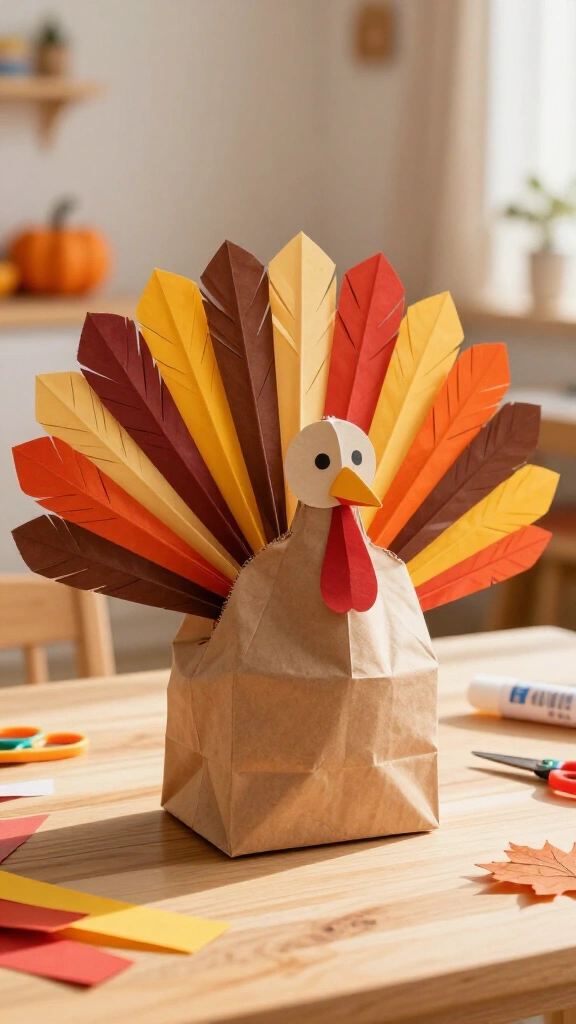 Paper bag turkey with accordion feathers