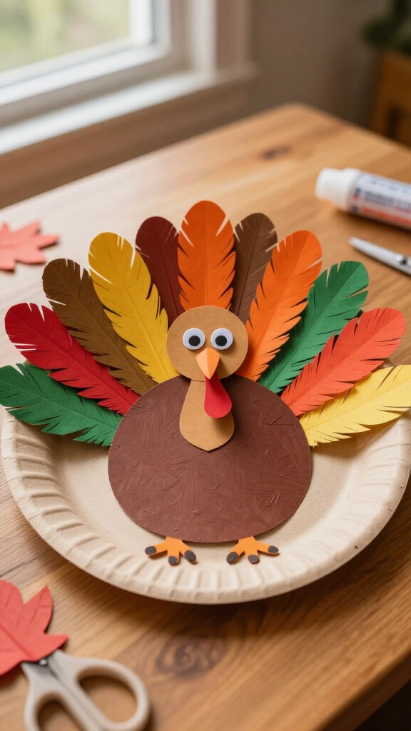 Paper plate turkey with construction paper feathers
