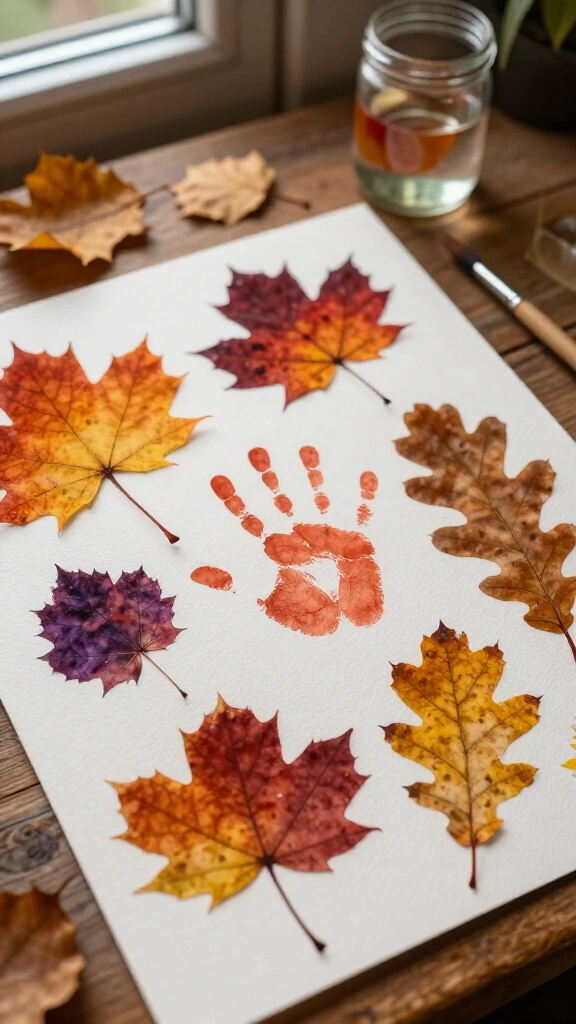 Watercolor leaf monoprint with baby handprint