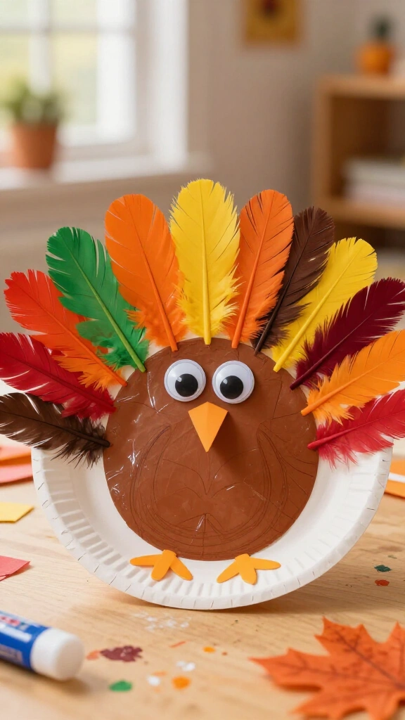 Paper plate turkey with handprint feathers