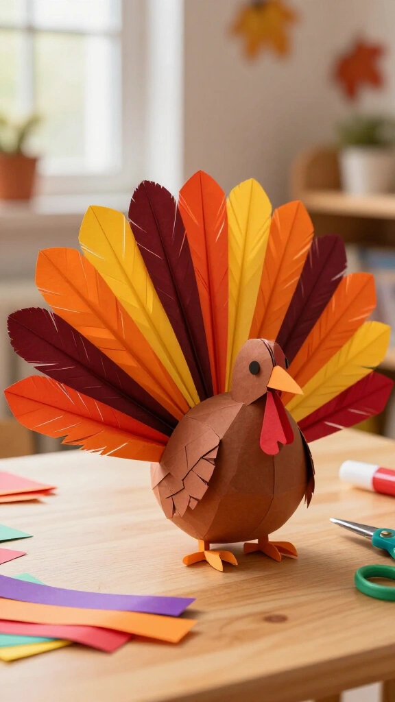 Accordion folded paper feather turkey