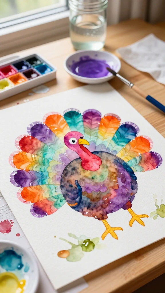 Watercolor feather turkey painting