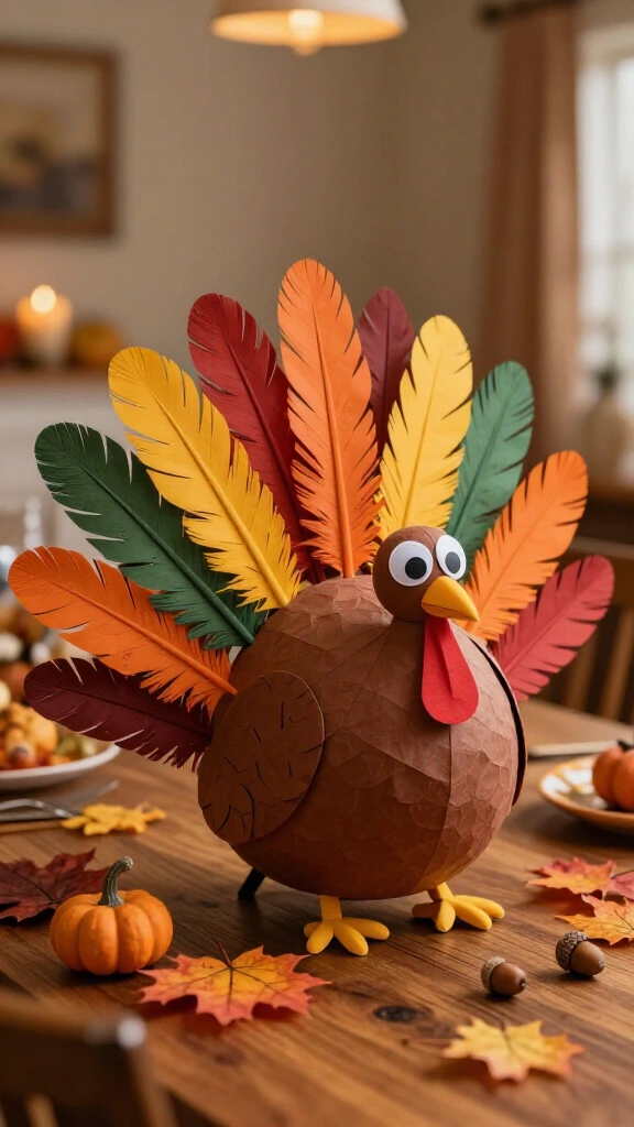 Thankful turkey craft with feathers