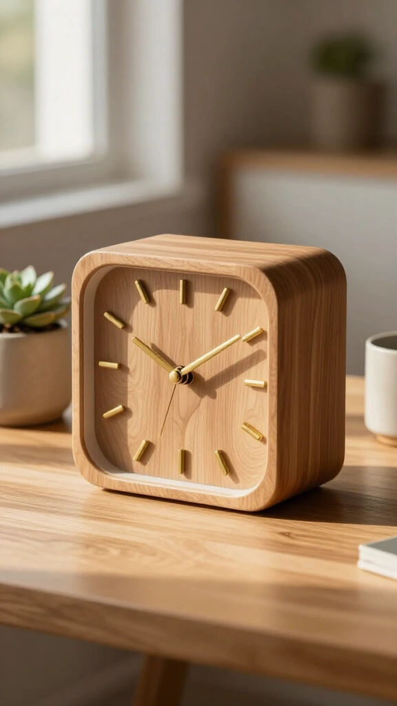 Wooden Desk Clock with Brass Accents