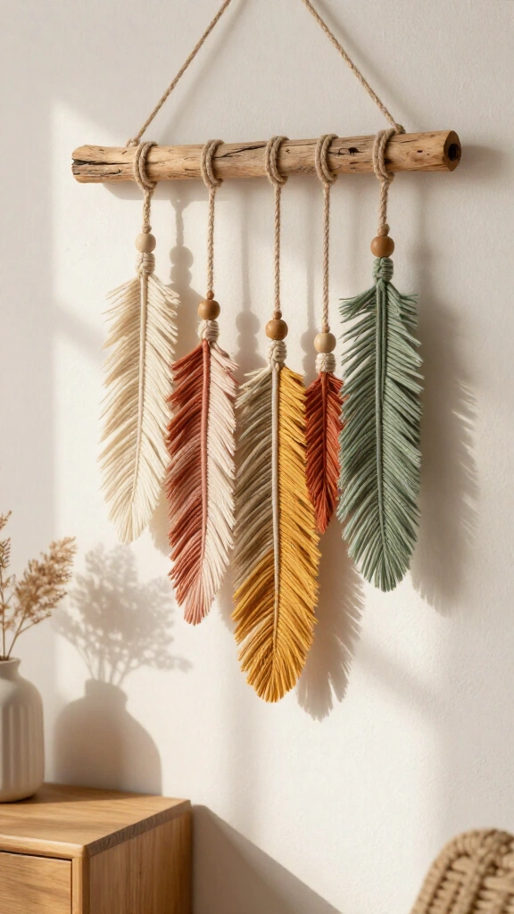 Modern Macrame-Style Yarn Feather Wall Art