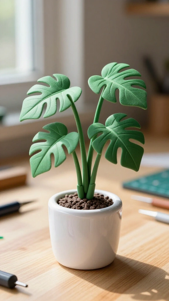 Air-dry clay monstera in ceramic pot